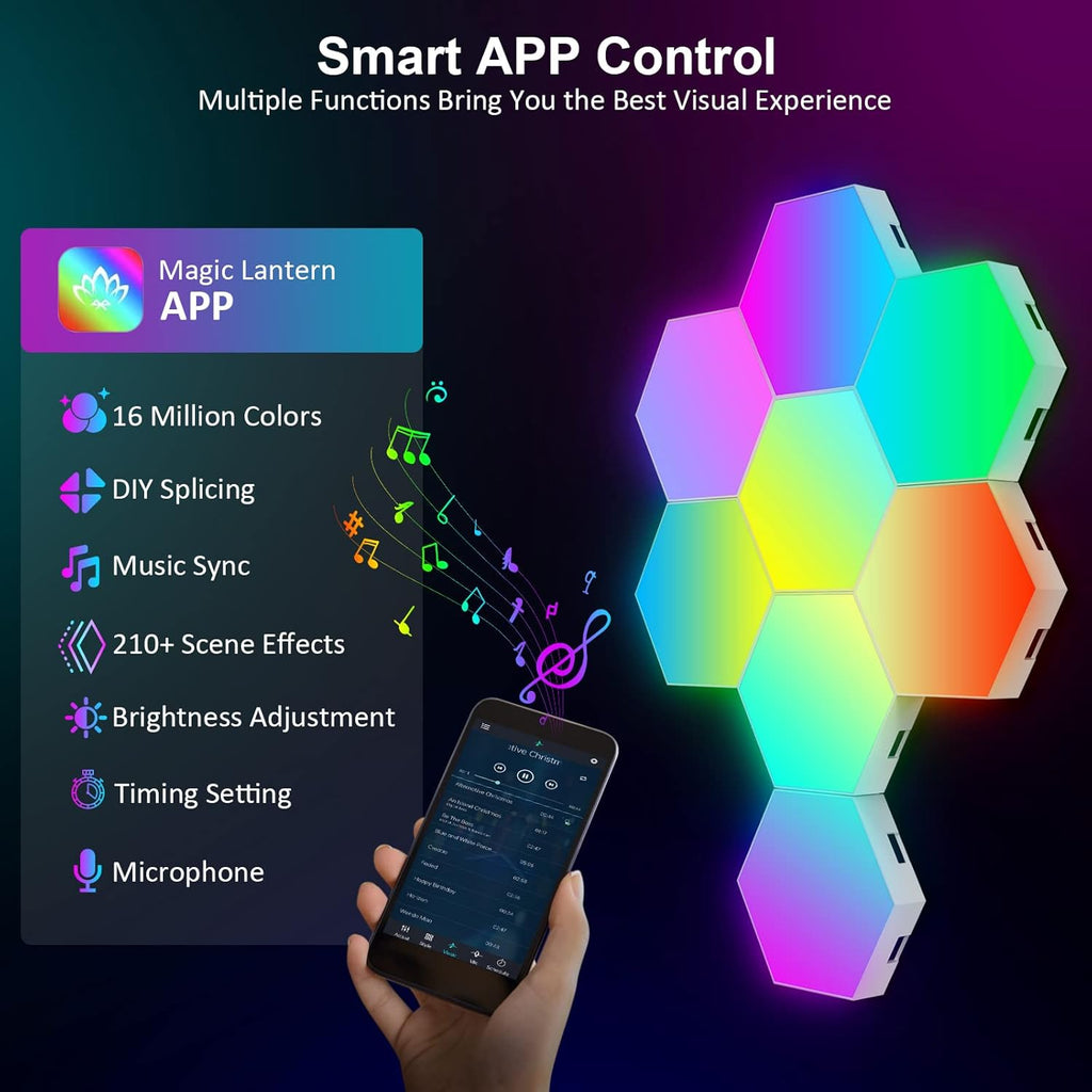 8 Pack Hexagon Lights Wall RGB Panel - Hexagonal Led Lights Room Decor Wall Lights Smart APP Music with Sync Honeycomb Shape Panels Hexagon Gaming Night Lights for Bedroom Children