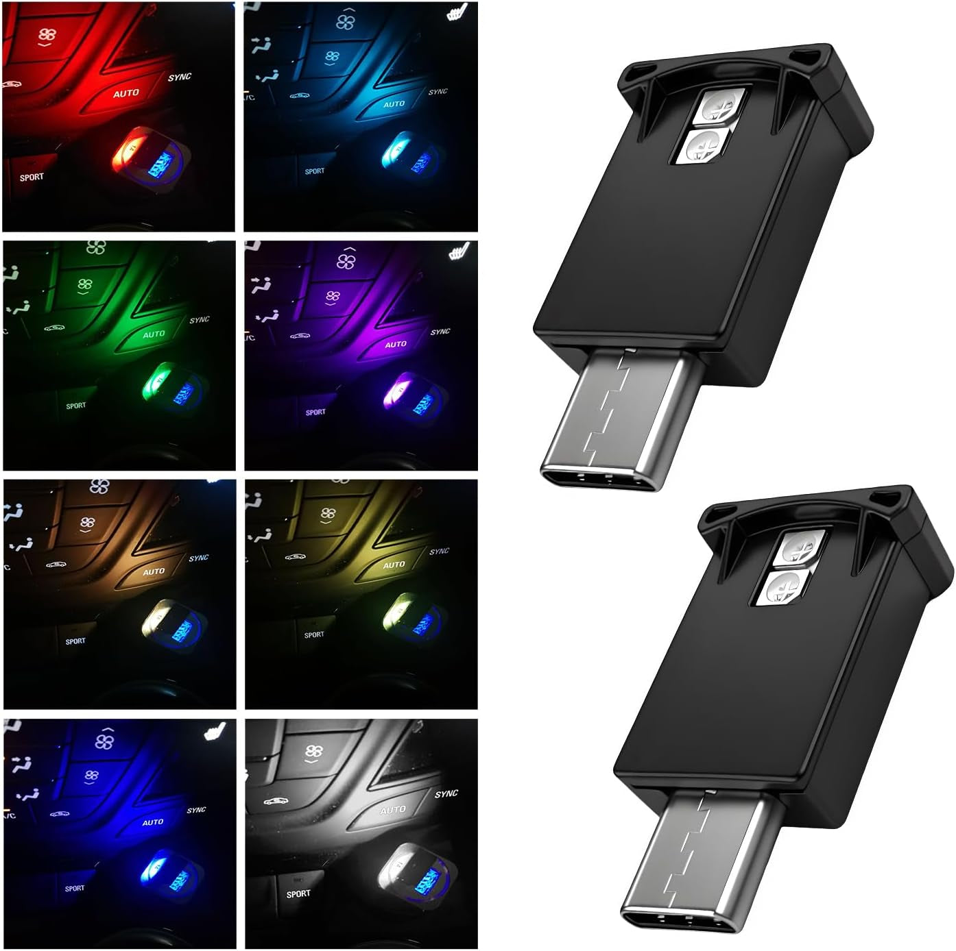 2 PCS USB Type C LED Ambient Light, 8 Colors RGB Car Atmosphere Lamp Adjustable Brightness LED Light, Mini 5V Plug-In Night Lamp Interior Decoration for Vehicle Home Office