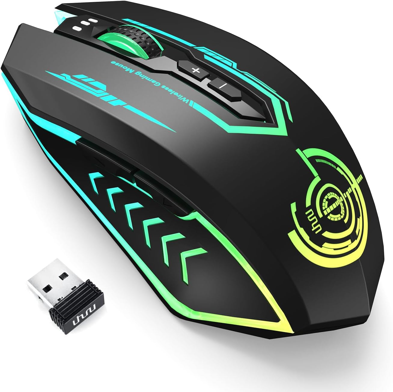 Wireless Gaming Mouse up to 12000 DPI, Rechargeable USB-C Wireless Mouse with 7 Buttons 7 Dynamic LED Color Ergonomic Programmable MMO RPG for PC Laptop, Compatible with Windows Mac