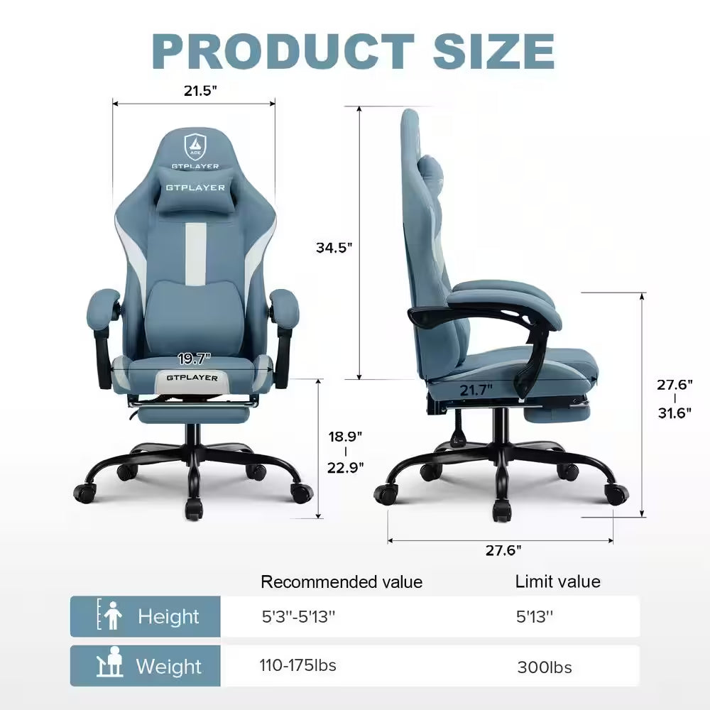 Gaming Chair Fabric Computer Chair with Foot Rest and Pocket Spring Cushion Ergonomic Computer Desk Chair, Blue