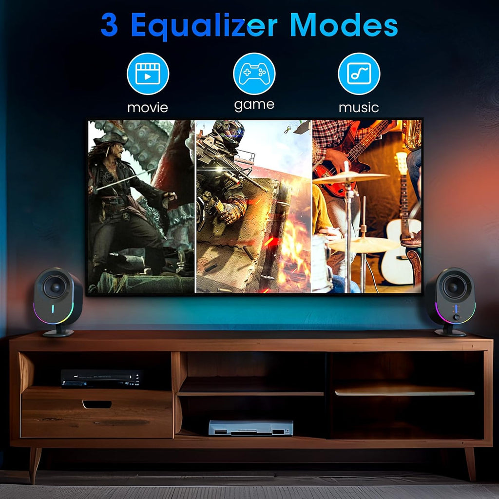 Computer Speakers,  Bluetooth PC Speakers, DC Powered Gaming Speaker with 3 EQ Modes, Stereo Speakers with 6 RGB Modes, Aux In, Headphone, USB Port Speaker for Laptop/Desktop/Tv, 2*15W, 2.0 CH