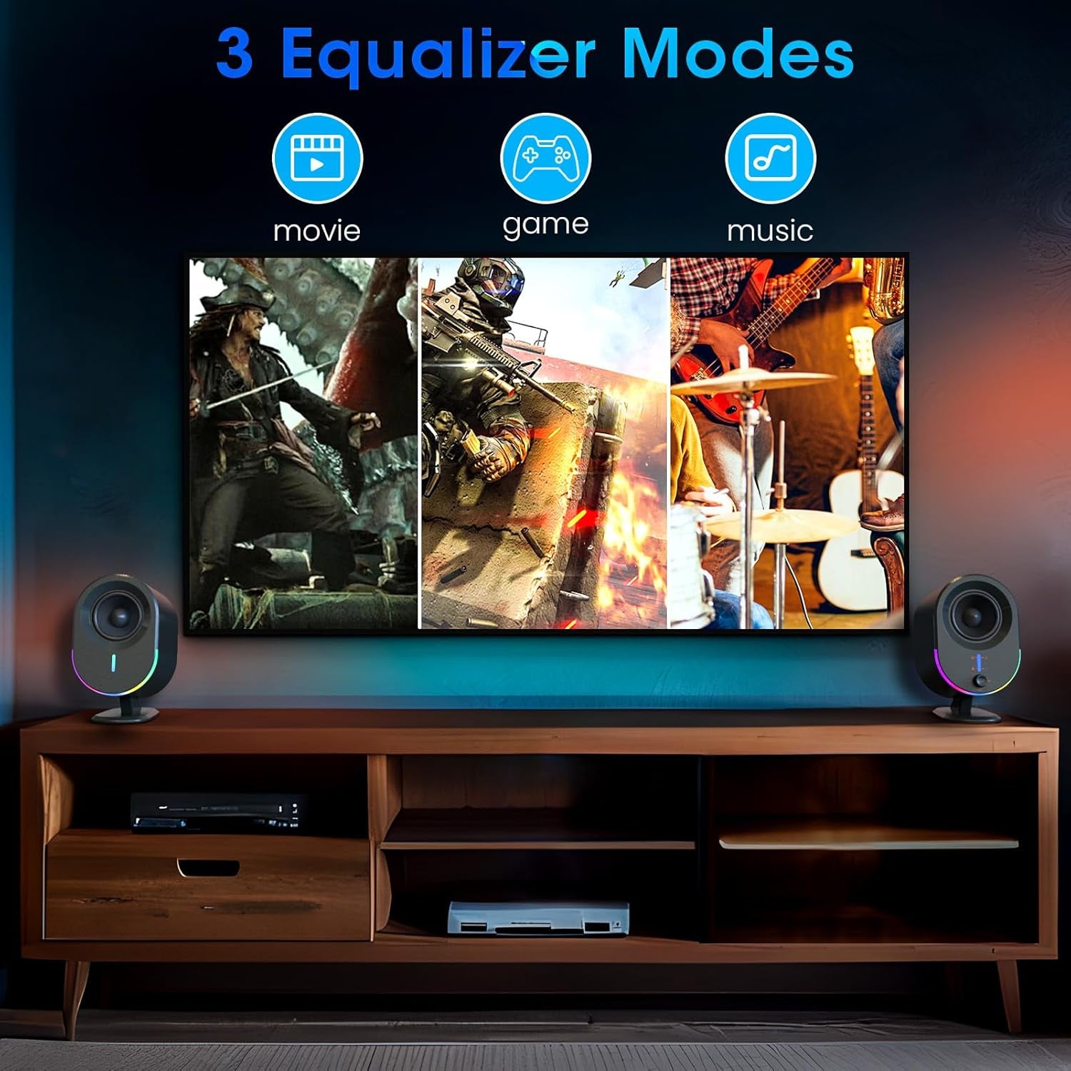 Computer Speakers,  Bluetooth PC Speakers, DC Powered Gaming Speaker with 3 EQ Modes, Stereo Speakers with 6 RGB Modes, Aux In, Headphone, USB Port Speaker for Laptop/Desktop/Tv, 2*15W, 2.0 CH