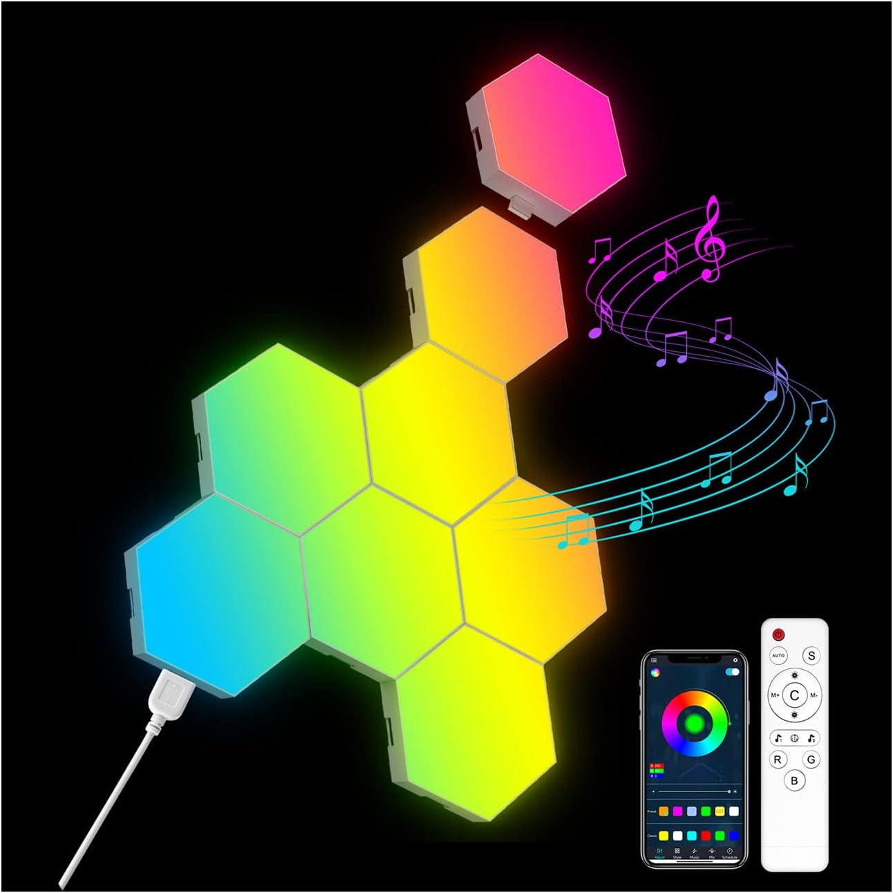 8 Pack Hexagon Lights Wall RGB Panel - Hexagonal Led Lights Room Decor Wall Lights Smart APP Music with Sync Honeycomb Shape Panels Hexagon Gaming Night Lights for Bedroom Children