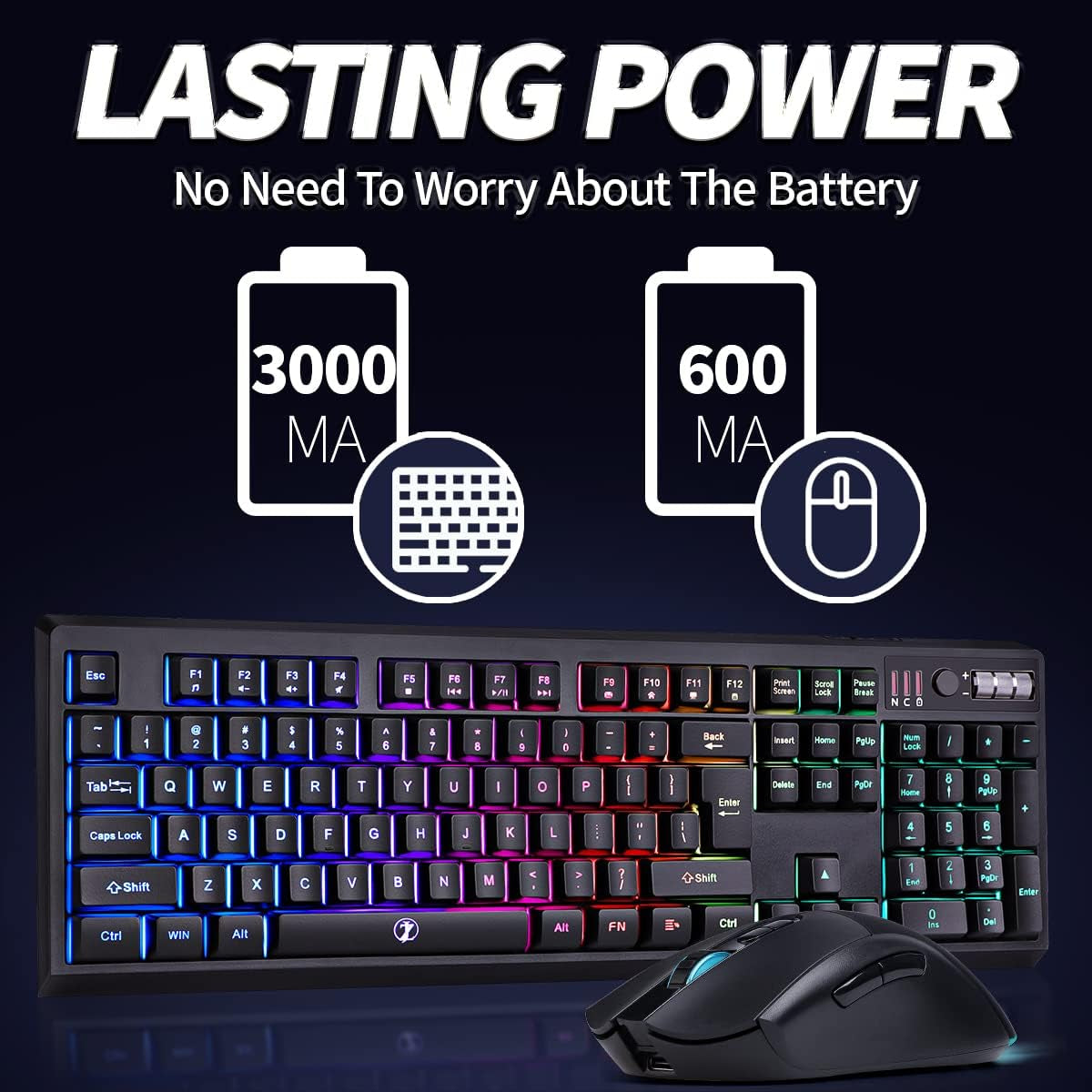 C104 Wireless Gaming Keyboard and Mouse Combo - RGB Backlit, Mechanical Feel, Anti-Ghosting, Rechargeable Battery, 7D 3200DPI Mice for Gamers