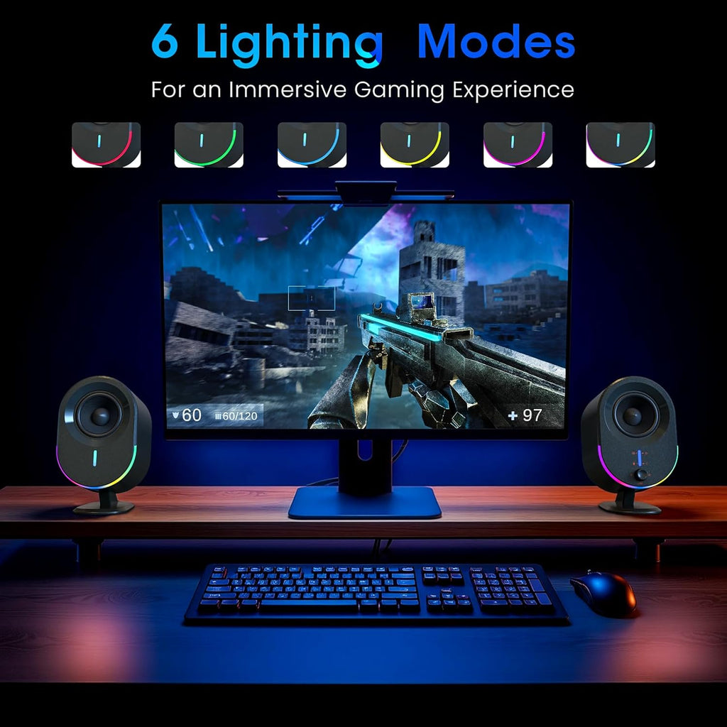 Computer Speakers,  Bluetooth PC Speakers, DC Powered Gaming Speaker with 3 EQ Modes, Stereo Speakers with 6 RGB Modes, Aux In, Headphone, USB Port Speaker for Laptop/Desktop/Tv, 2*15W, 2.0 CH