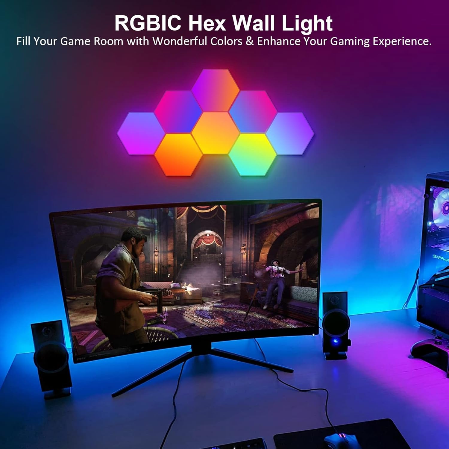 8 Pack Hexagon Lights Wall RGB Panel - Hexagonal Led Lights Room Decor Wall Lights Smart APP Music with Sync Honeycomb Shape Panels Hexagon Gaming Night Lights for Bedroom Children