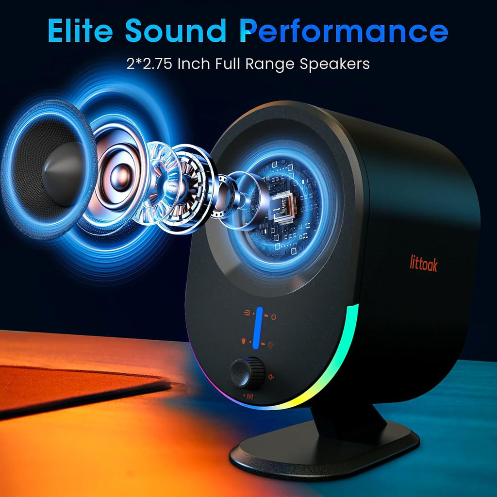 Computer Speakers,  Bluetooth PC Speakers, DC Powered Gaming Speaker with 3 EQ Modes, Stereo Speakers with 6 RGB Modes, Aux In, Headphone, USB Port Speaker for Laptop/Desktop/Tv, 2*15W, 2.0 CH