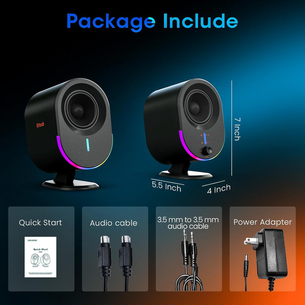 Computer Speakers,  Bluetooth PC Speakers, DC Powered Gaming Speaker with 3 EQ Modes, Stereo Speakers with 6 RGB Modes, Aux In, Headphone, USB Port Speaker for Laptop/Desktop/Tv, 2*15W, 2.0 CH