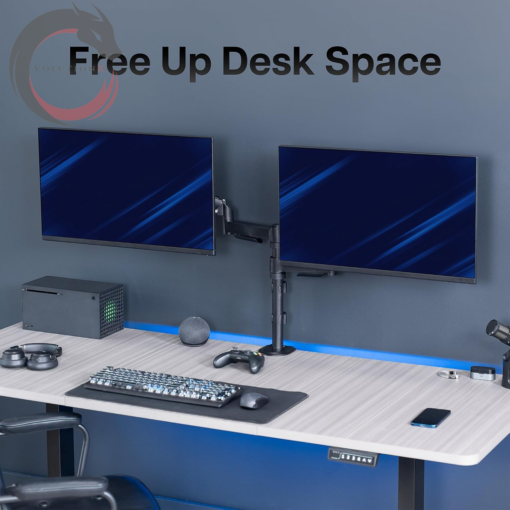 17 to 32 Inch Dual Pneumatic Monitor Mount, 2 Pneumatic Arms, Adjustable Swivel, Rotation, Heavy Duty VESA Desk Stand with C-Clamp, Grommet, Max VESA 100X100, Black, STAND-V002K