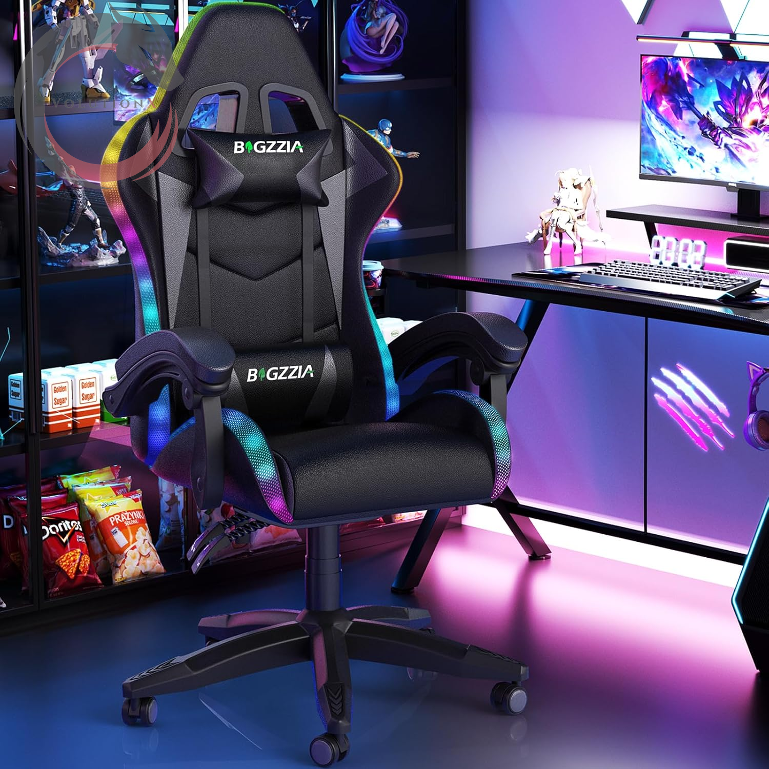 Gaming Chair with RGB LED Lights, High Back Ergonomic Computer Gamer Chair with Headrest and Lumbar Support, Racing Style Reclining Game Chair for Adults, Kids (Black)