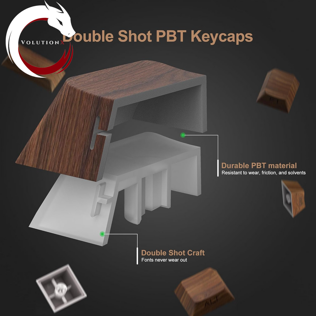 XVX PBT Keycaps - Side Print Shine through Custom Keycaps 60 65 75 100 Percent, Retro Dye Sub & Double Shot Key Caps Set 126 Keys, Cherry Profile for Mechanical Keyboard, Walnut Textures