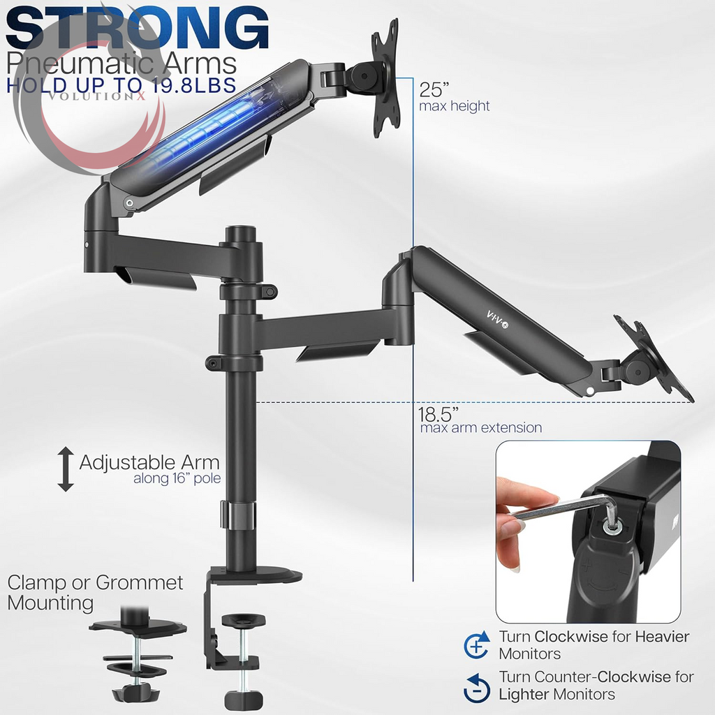 17 to 32 Inch Dual Pneumatic Monitor Mount, 2 Pneumatic Arms, Adjustable Swivel, Rotation, Heavy Duty VESA Desk Stand with C-Clamp, Grommet, Max VESA 100X100, Black, STAND-V002K
