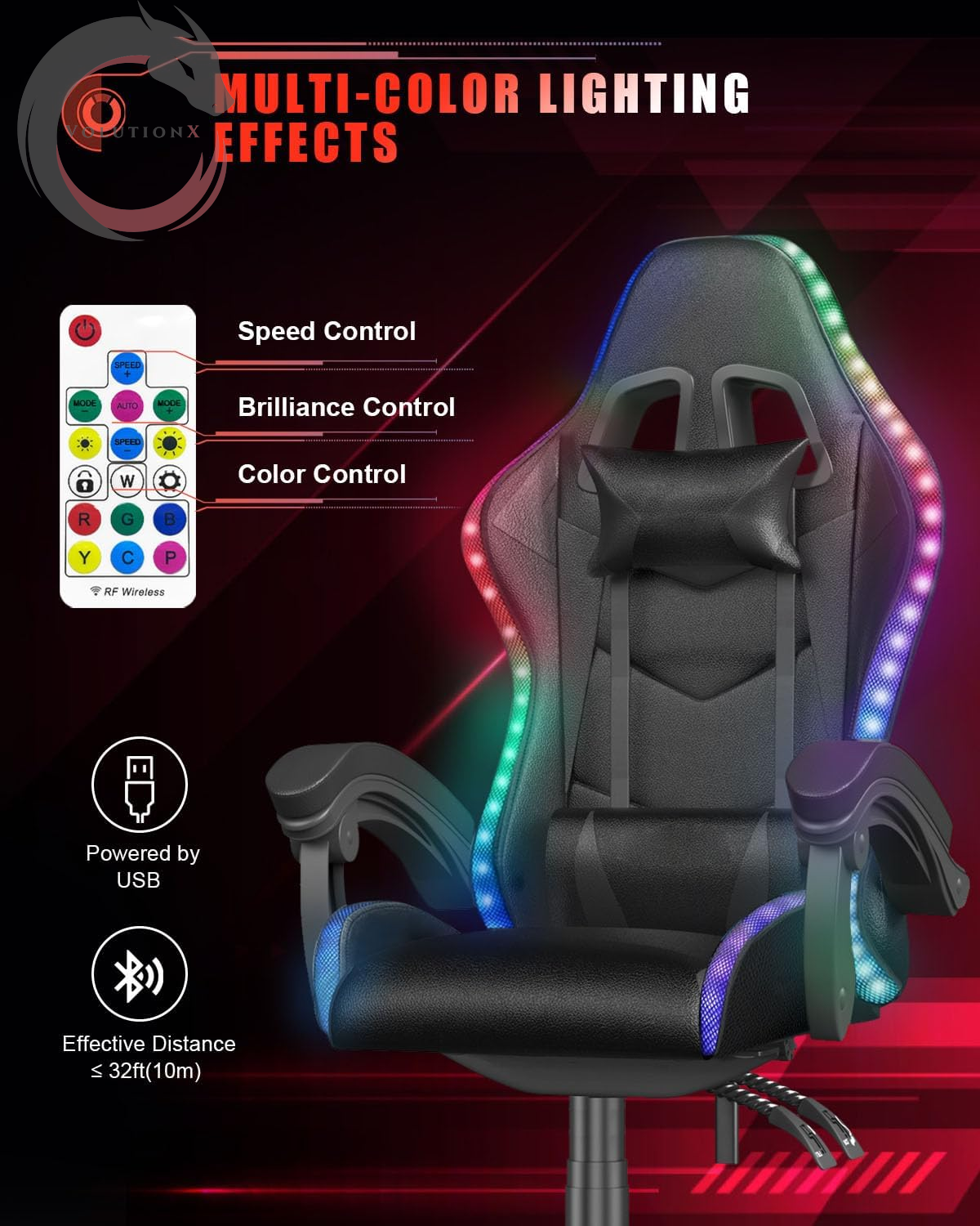 Gaming Chair with RGB LED Lights, High Back Ergonomic Computer Gamer Chair with Headrest and Lumbar Support, Racing Style Reclining Game Chair for Adults, Kids (Black)