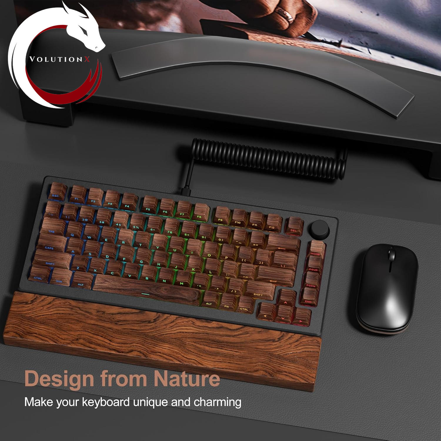 XVX PBT Keycaps - Side Print Shine through Custom Keycaps 60 65 75 100 Percent, Retro Dye Sub & Double Shot Key Caps Set 126 Keys, Cherry Profile for Mechanical Keyboard, Walnut Textures