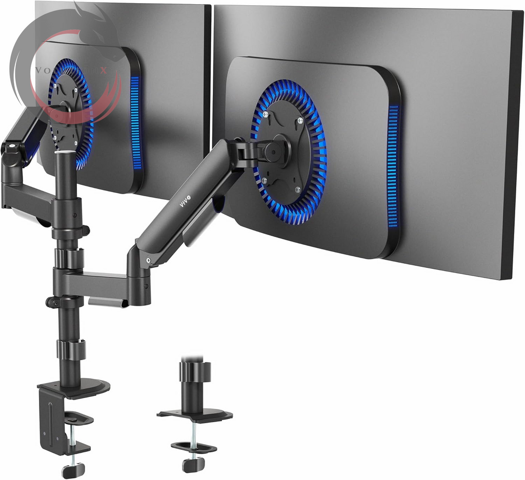 17 to 32 Inch Dual Pneumatic Monitor Mount, 2 Pneumatic Arms, Adjustable Swivel, Rotation, Heavy Duty VESA Desk Stand with C-Clamp, Grommet, Max VESA 100X100, Black, STAND-V002K