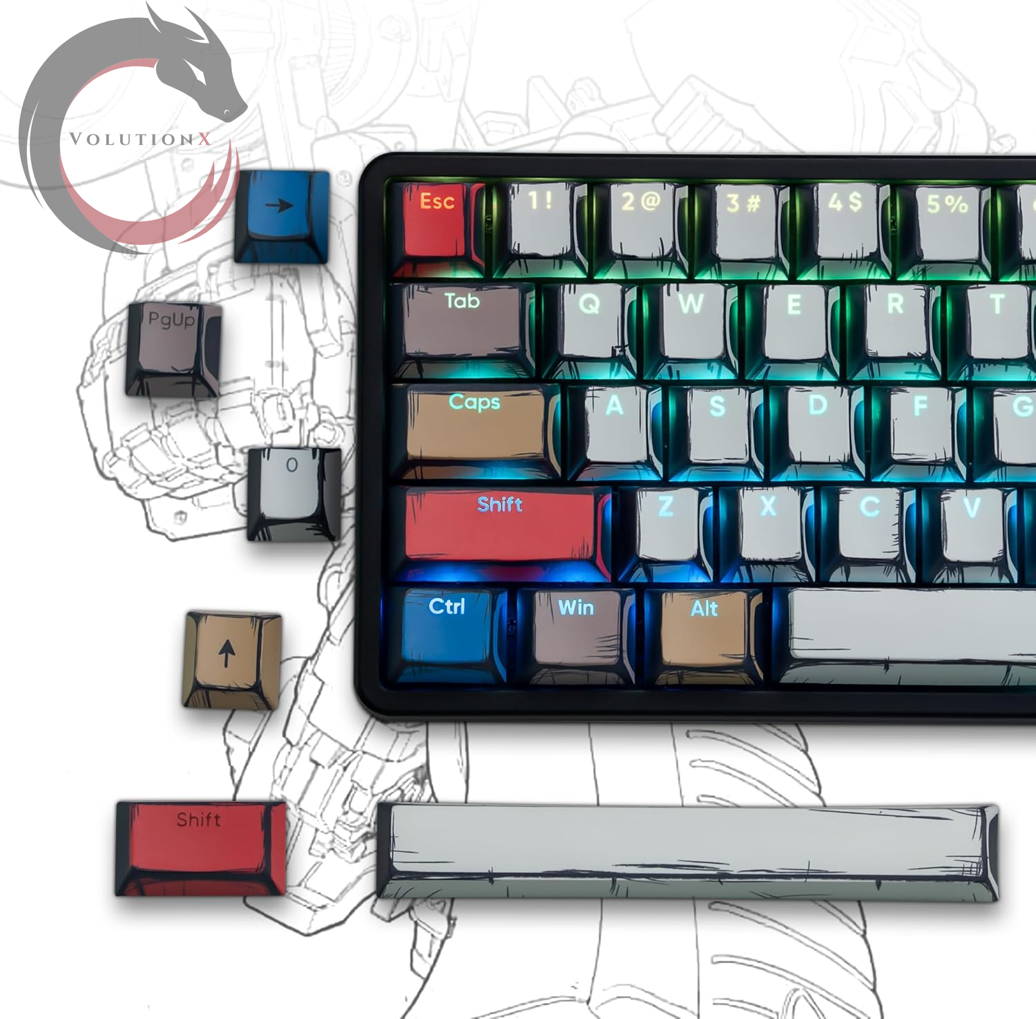 Retro Anime PBT Keycaps-Cherry Keycaps, Custom Keyboard Key Caps 60 65 75 100 Percent, 5 Side Dye Sublimation 141 Keys Set for Cherry Gateron MX Switches Keyboards, White (Shine through Manga)