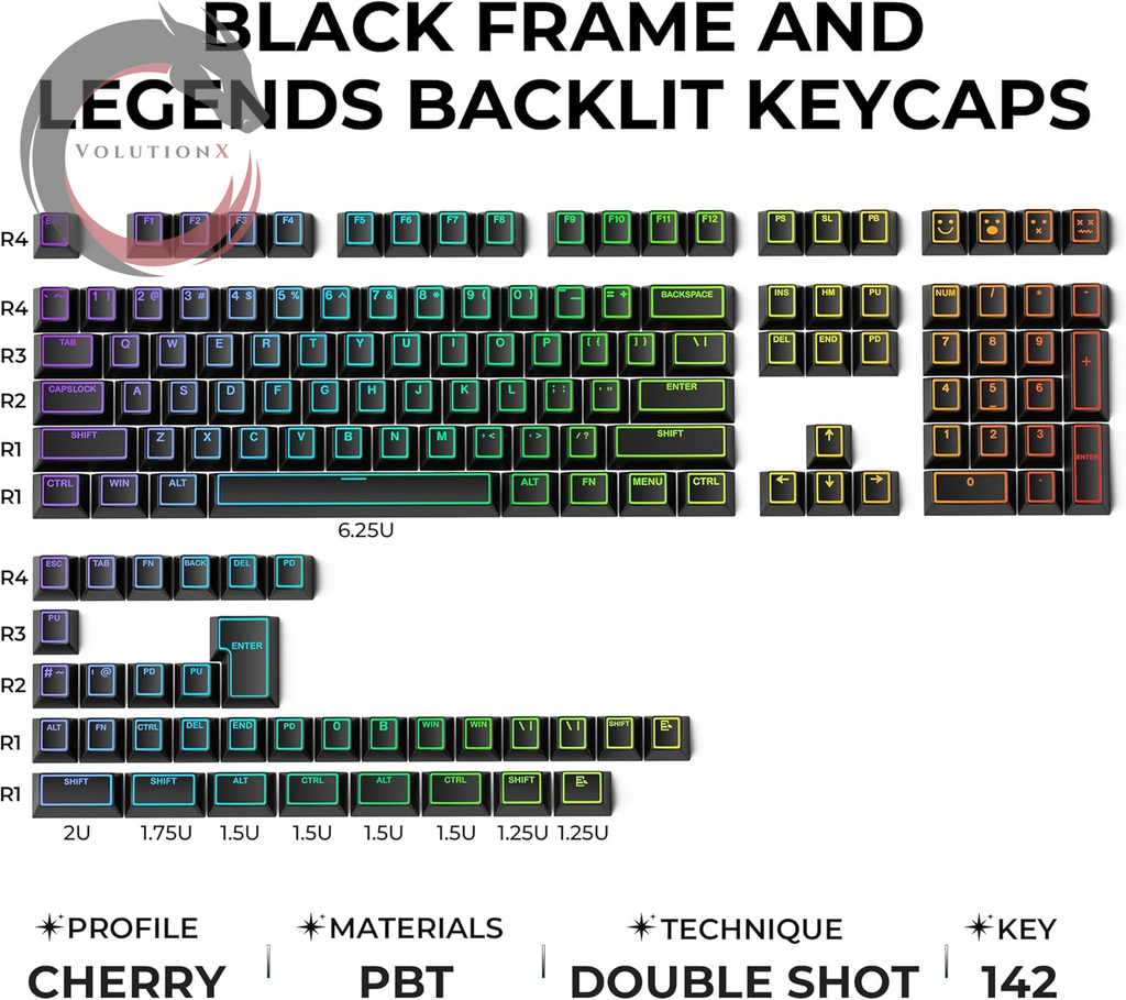 XVX Black Shine through Keycaps, Doubleshot PBT Keycap Set Cherry Profile, 142 Keys Keyboard Keycaps, Universal Compatiability with 60% 65% 75% 80% 100% Mechanical Keyboard with MX Switches