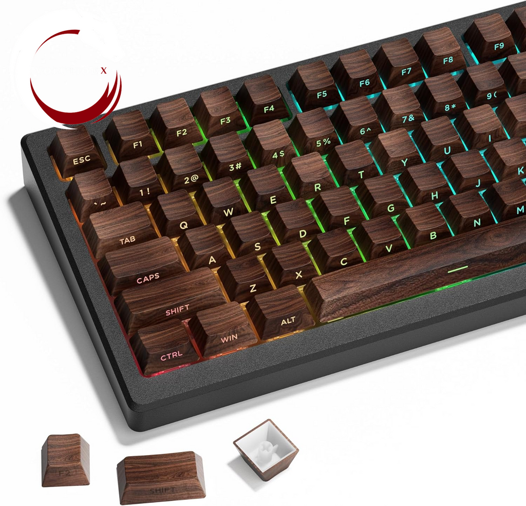 XVX PBT Keycaps - Side Print Shine through Custom Keycaps 60 65 75 100 Percent, Retro Dye Sub & Double Shot Key Caps Set 126 Keys, Cherry Profile for Mechanical Keyboard, Walnut Textures