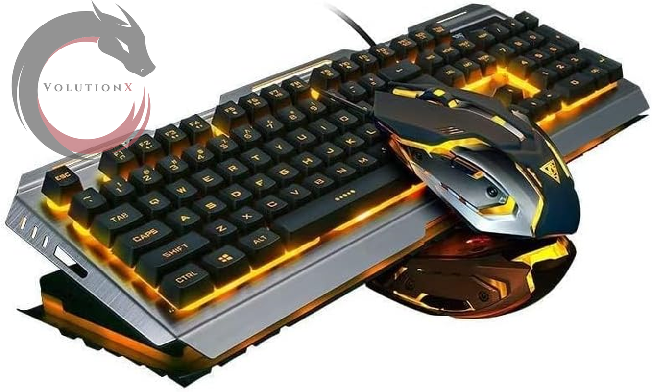 Wired Gaming Keyboard Mouse Combo,Iron Metallic Frame,Orange Yellow LED Backlit Bright Changing,Full Size 104 Keycap,Usb 2.0,For Prime Xbox One PS4 Gamer