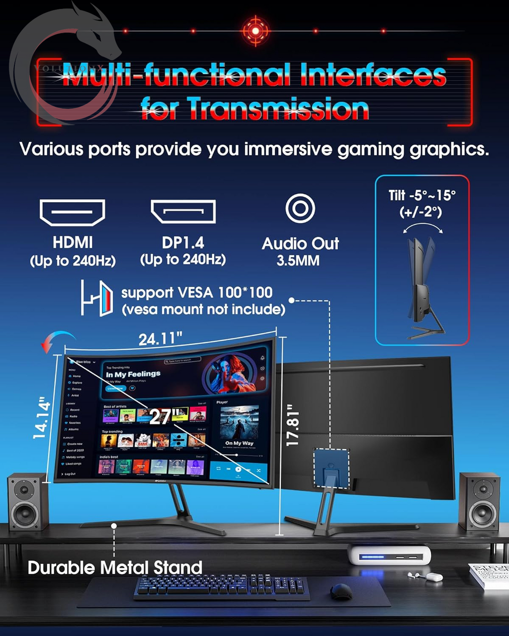 27 Inch Curved 240Hz Gaming Monitor FHD 1080P, 1500R Curve Computer Monitor, 130% Srgb, 4000:1 Contrast, HDR, Freesync, MPRT 1Ms, Low Blue Light, HDMI DP Ports, Metal Stand, DP Cable Incl.