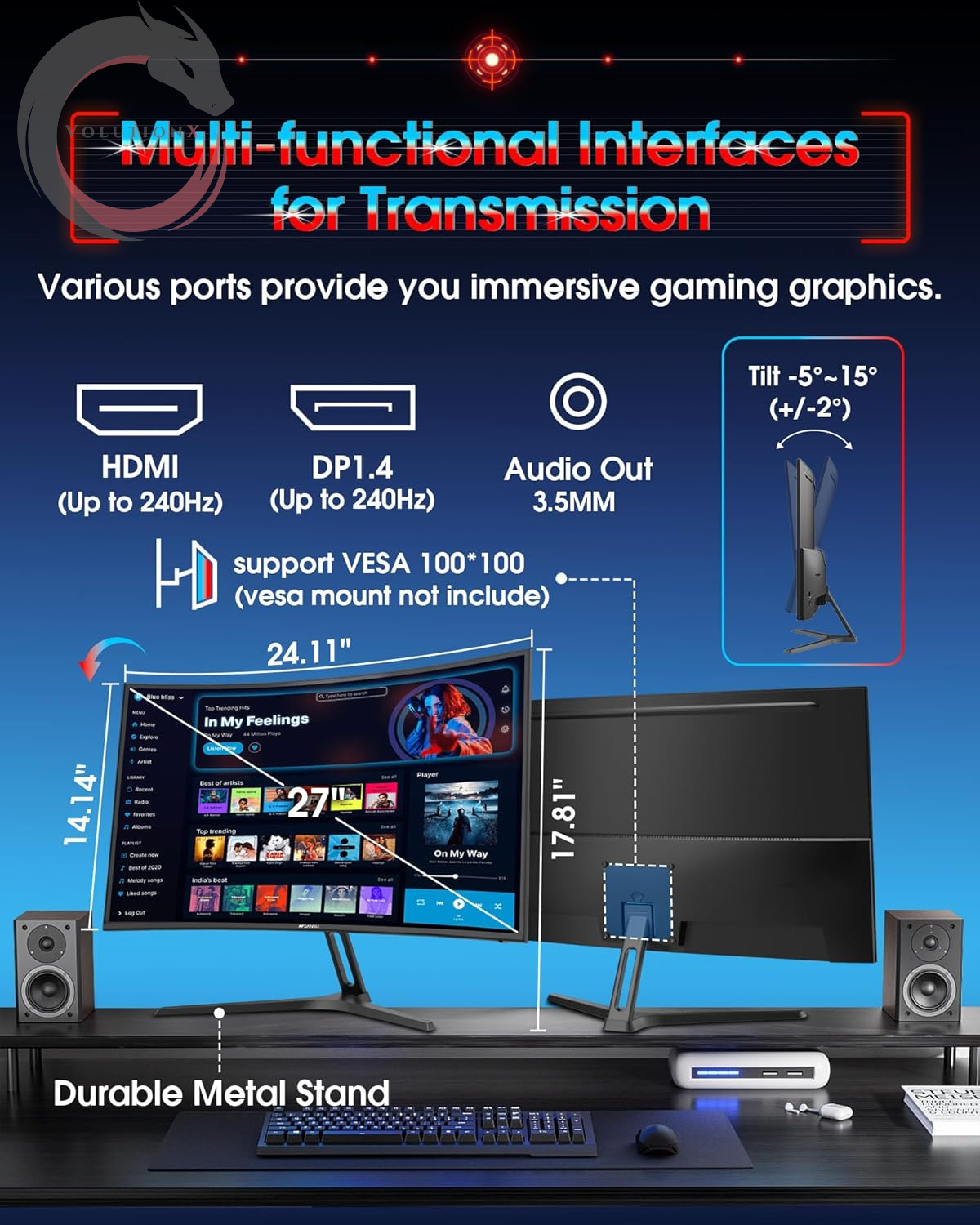 27 Inch Curved 240Hz Gaming Monitor FHD 1080P, 1500R Curve Computer Monitor, 130% Srgb, 4000:1 Contrast, HDR, Freesync, MPRT 1Ms, Low Blue Light, HDMI DP Ports, Metal Stand, DP Cable Incl.