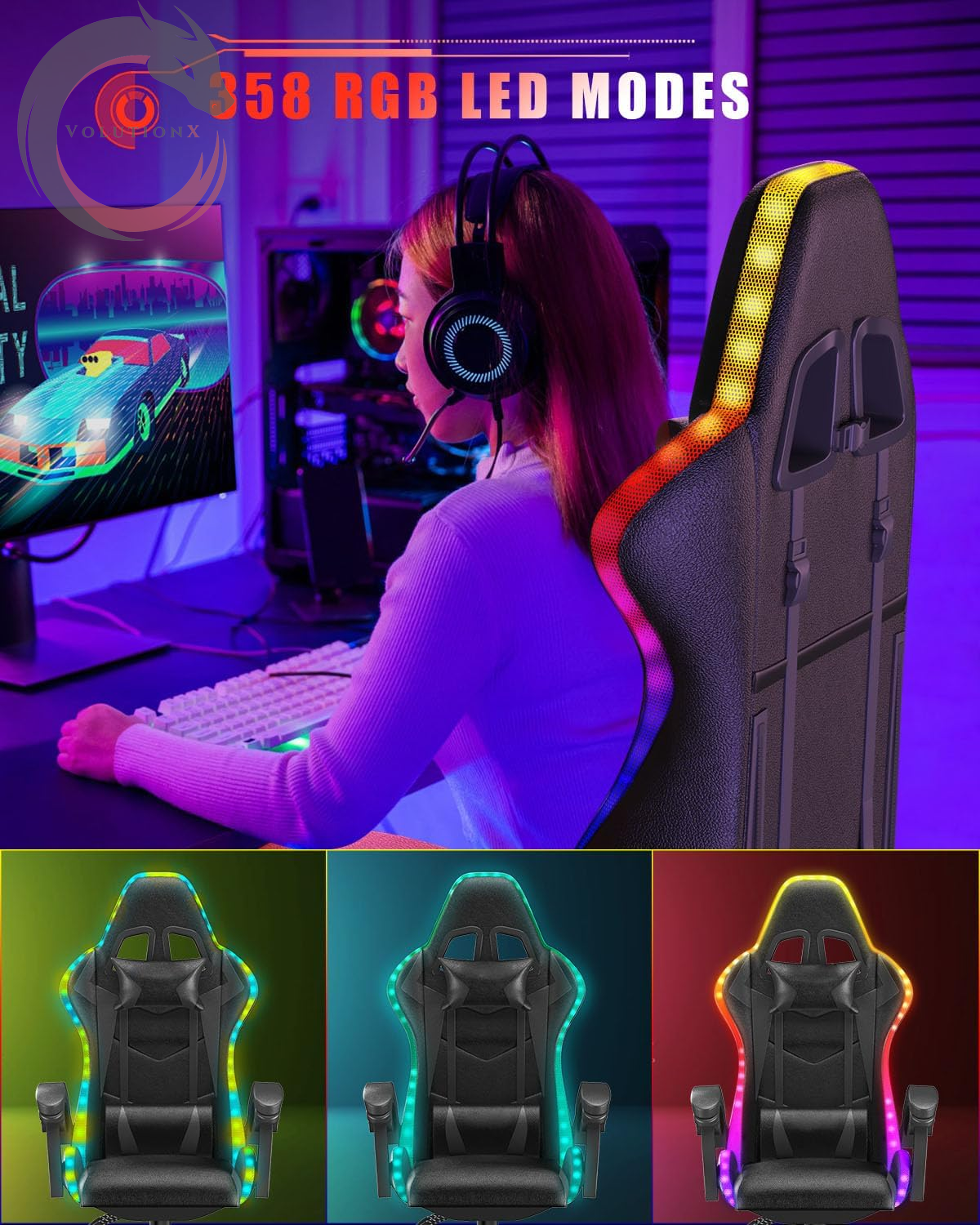 Gaming Chair with RGB LED Lights, High Back Ergonomic Computer Gamer Chair with Headrest and Lumbar Support, Racing Style Reclining Game Chair for Adults, Kids (Black)
