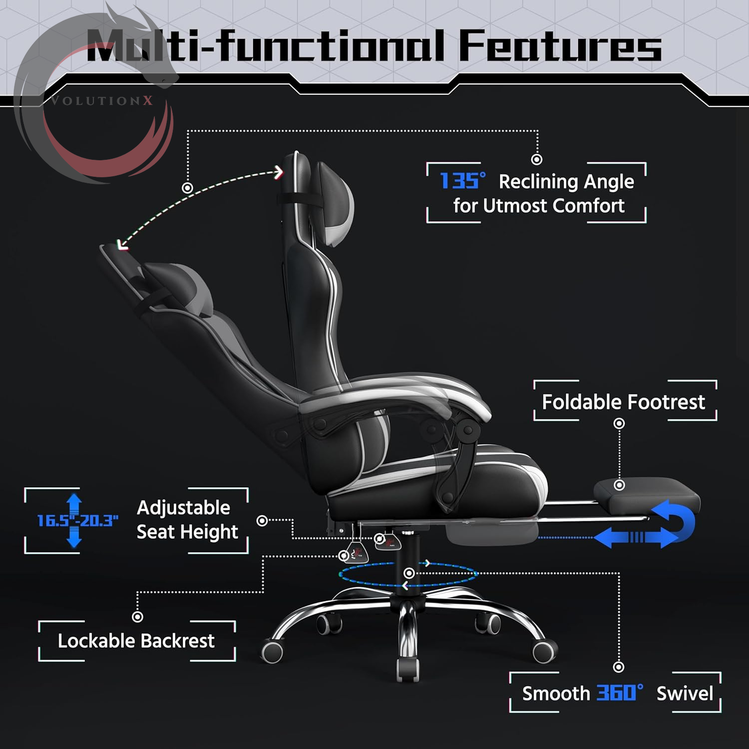 Gaming Chair, Video Game Chair with Massage Lumbar Support and Footrest Height Adjustable Ergonomic Computer Gaming Chair with Swivel Seat and Headrest, Black/White