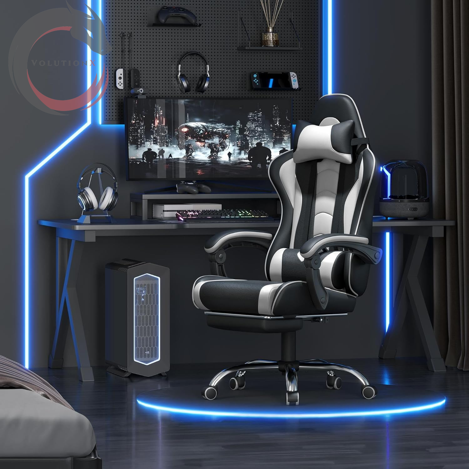 Gaming Chair, Video Game Chair with Massage Lumbar Support and Footrest Height Adjustable Ergonomic Computer Gaming Chair with Swivel Seat and Headrest, Black/White