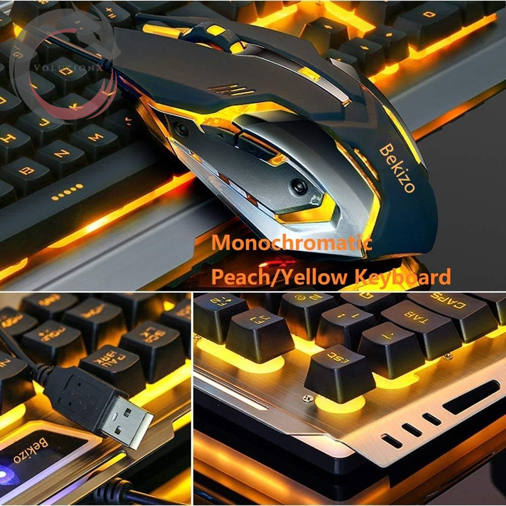 Wired Gaming Keyboard Mouse Combo,Iron Metallic Frame,Orange Yellow LED Backlit Bright Changing,Full Size 104 Keycap,Usb 2.0,For Prime Xbox One PS4 Gamer