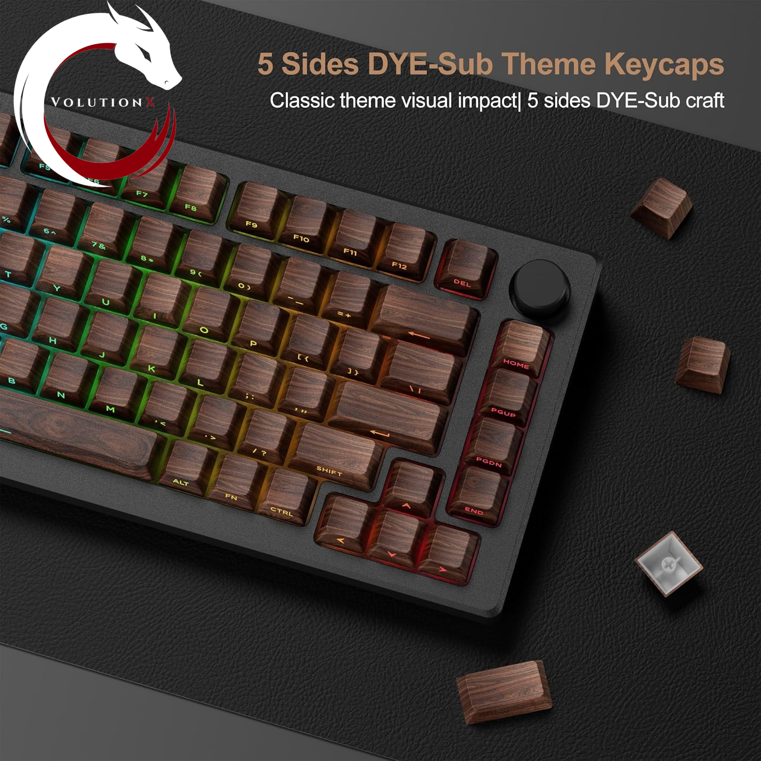 XVX PBT Keycaps - Side Print Shine through Custom Keycaps 60 65 75 100 Percent, Retro Dye Sub & Double Shot Key Caps Set 126 Keys, Cherry Profile for Mechanical Keyboard, Walnut Textures