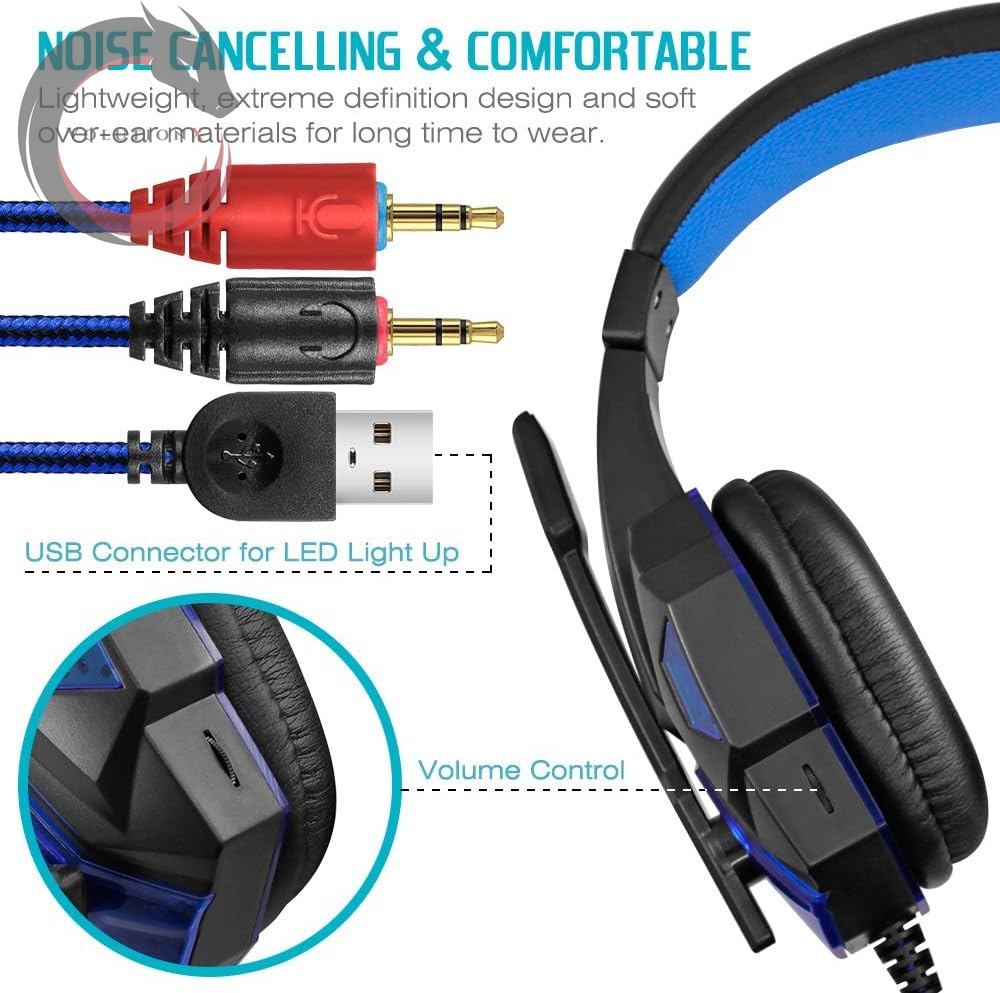 Gaming Headset with Mic and LED Light for Laptop Computer, Cellphone, PS4 and so On, DLAND 3.5Mm Wired Noise Isolation Gaming Headphones - Volume Control.(Black and Blue)