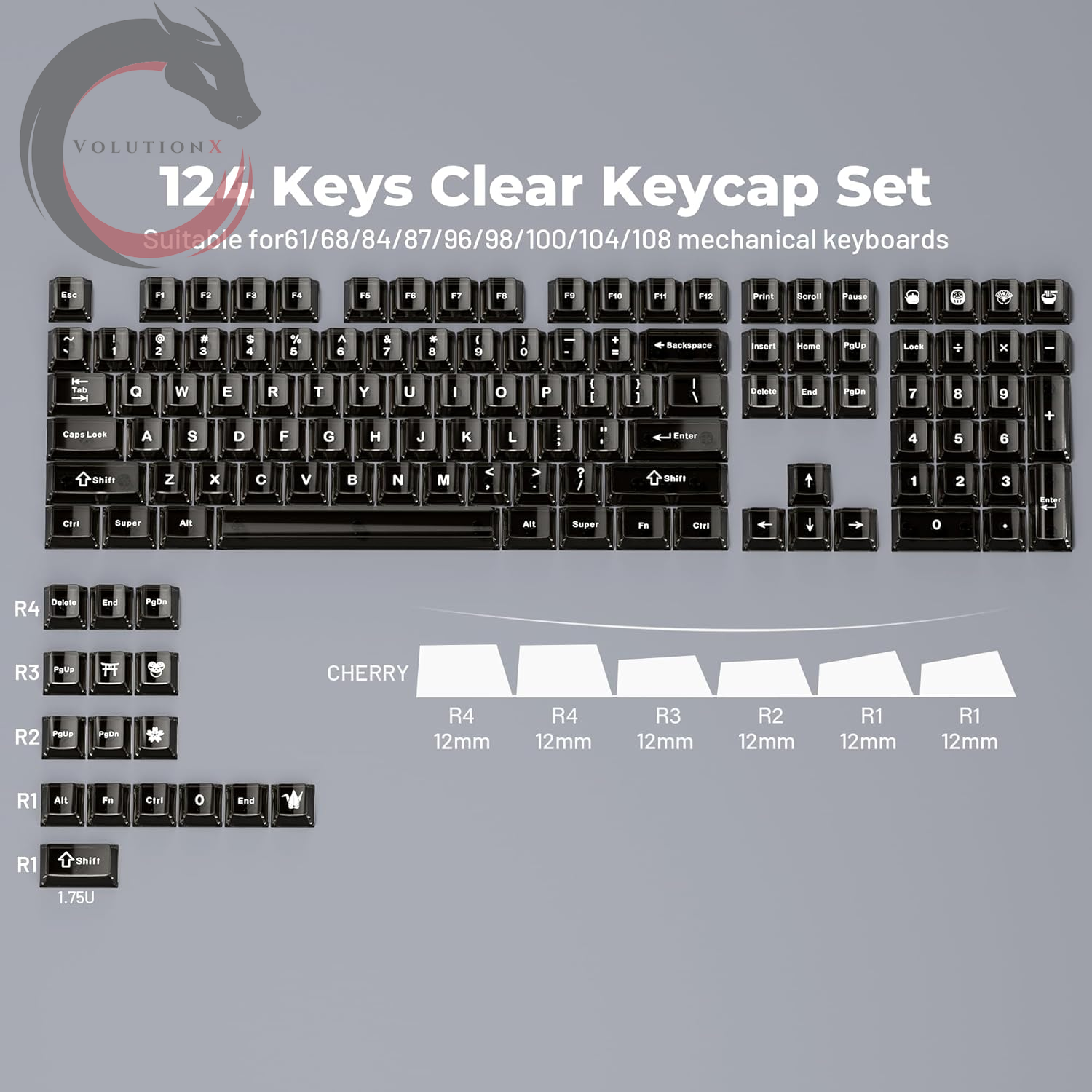 XVX Clear Keycaps, Black Transparent Keycaps 60 65 75 100 Percent, Crystal Ceramic Custom Key Cap Set 124 Keys, Cherry Profile, Shine Through, Cute Style for Mechanical Keyboards
