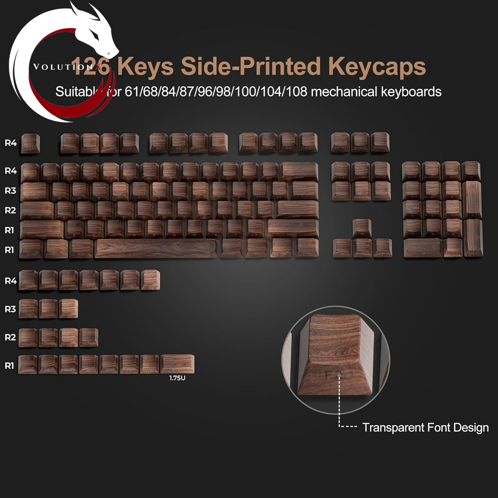 XVX PBT Keycaps - Side Print Shine through Custom Keycaps 60 65 75 100 Percent, Retro Dye Sub & Double Shot Key Caps Set 126 Keys, Cherry Profile for Mechanical Keyboard, Walnut Textures