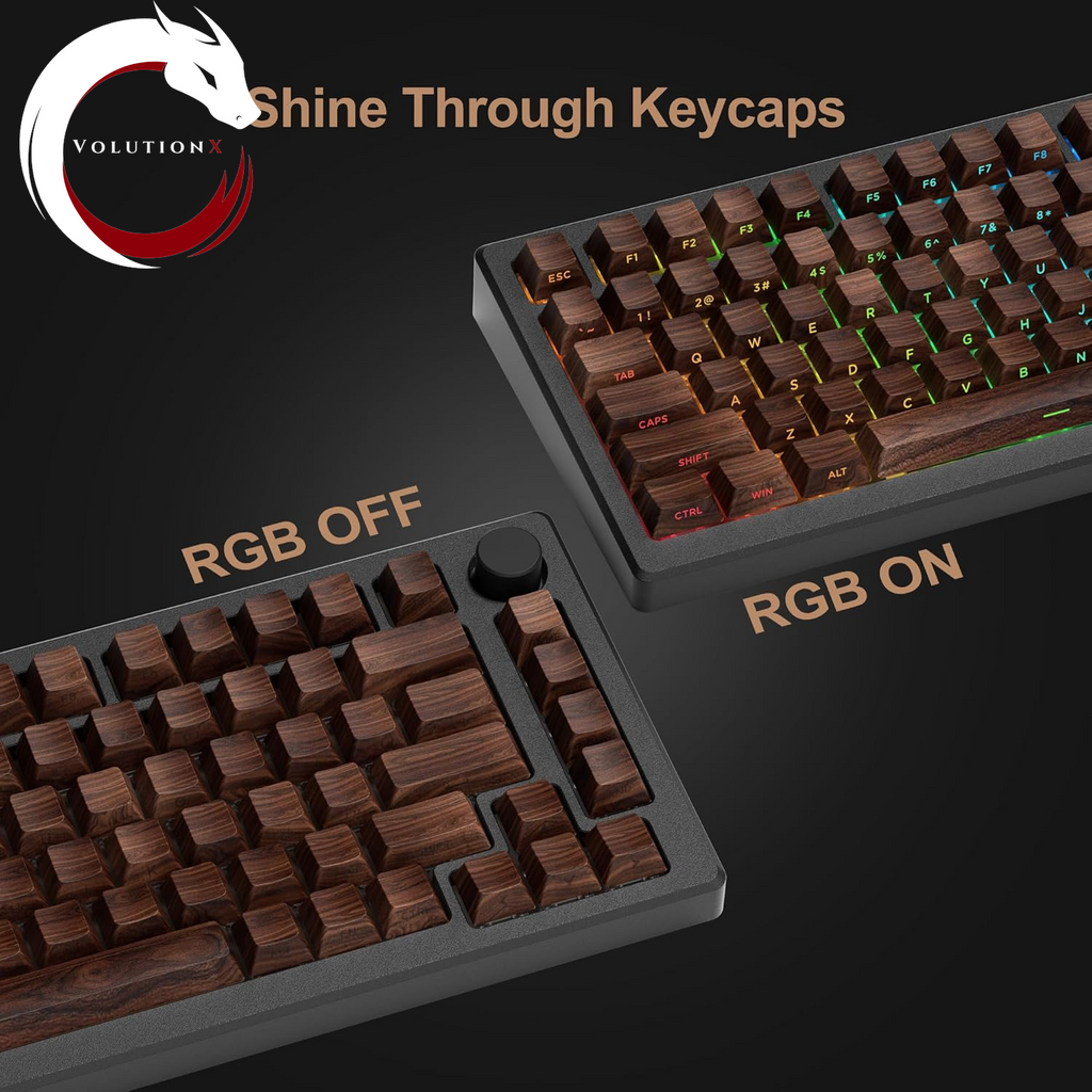 XVX PBT Keycaps - Side Print Shine through Custom Keycaps 60 65 75 100 Percent, Retro Dye Sub & Double Shot Key Caps Set 126 Keys, Cherry Profile for Mechanical Keyboard, Walnut Textures