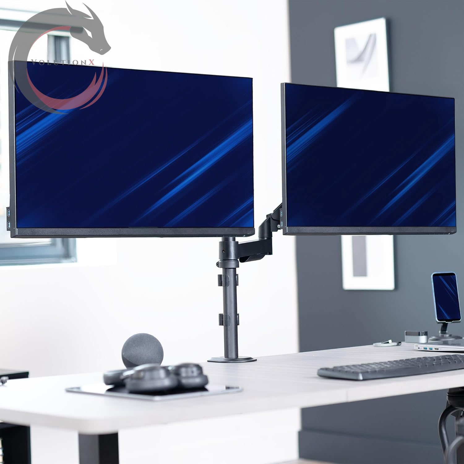 17 to 32 Inch Dual Pneumatic Monitor Mount, 2 Pneumatic Arms, Adjustable Swivel, Rotation, Heavy Duty VESA Desk Stand with C-Clamp, Grommet, Max VESA 100X100, Black, STAND-V002K