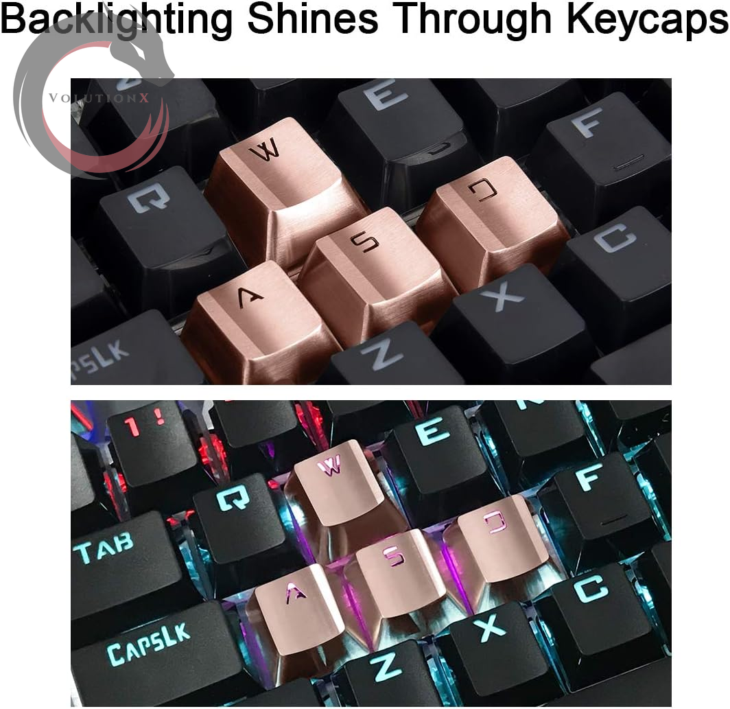 FPS & MOBA Gaming Keycaps, Durable Stainless Steel Metal Keycap with Key Puller for Mechanical Keyboard Cherry Mx Switch (Wasd+Direction Keys,Rose Gold)