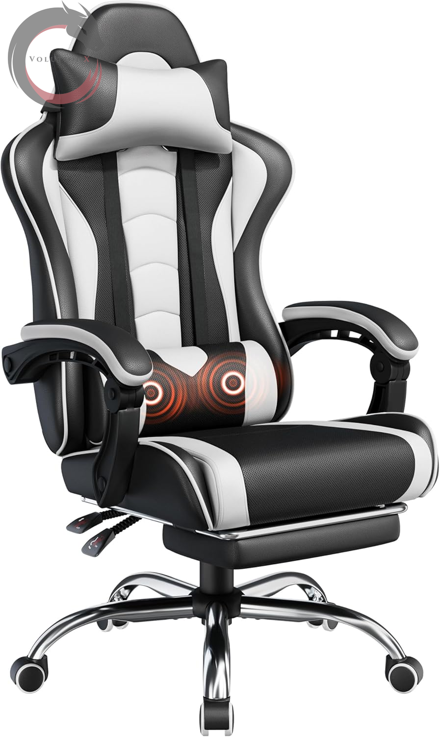 Gaming Chair, Video Game Chair with Massage Lumbar Support and Footrest Height Adjustable Ergonomic Computer Gaming Chair with Swivel Seat and Headrest, Black/White