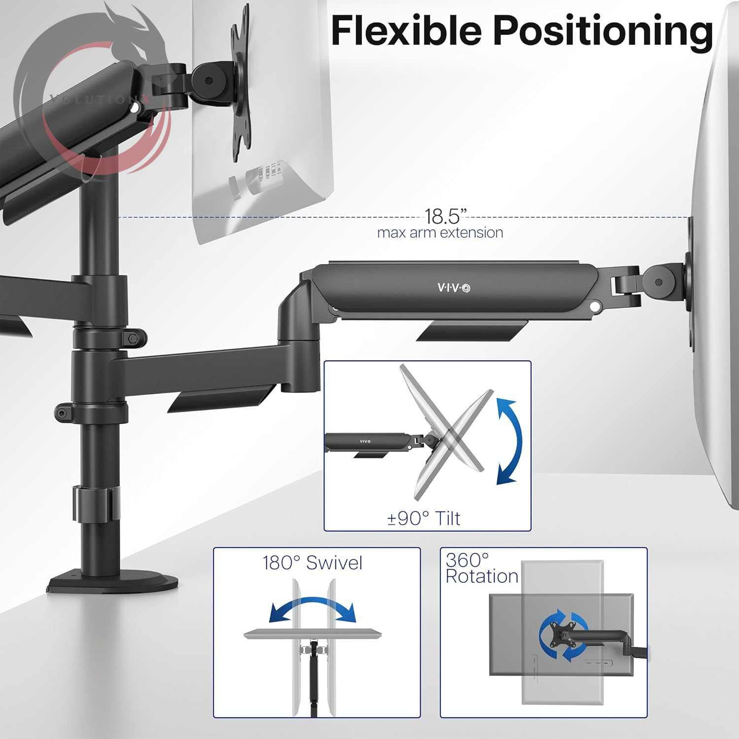 17 to 32 Inch Dual Pneumatic Monitor Mount, 2 Pneumatic Arms, Adjustable Swivel, Rotation, Heavy Duty VESA Desk Stand with C-Clamp, Grommet, Max VESA 100X100, Black, STAND-V002K