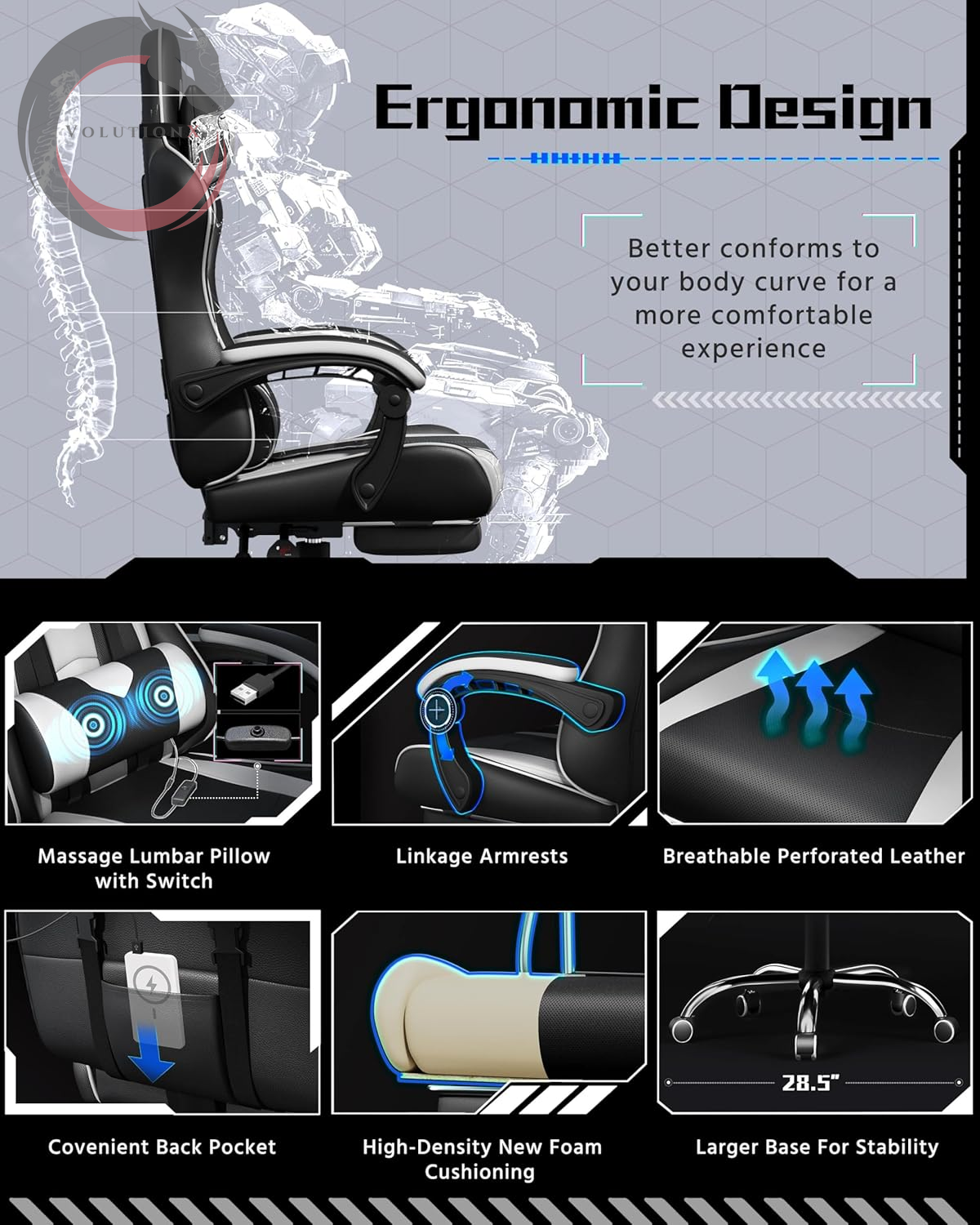 Gaming Chair, Video Game Chair with Massage Lumbar Support and Footrest Height Adjustable Ergonomic Computer Gaming Chair with Swivel Seat and Headrest, Black/White