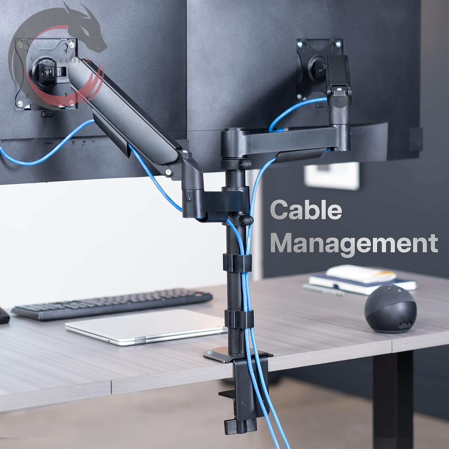 17 to 32 Inch Dual Pneumatic Monitor Mount, 2 Pneumatic Arms, Adjustable Swivel, Rotation, Heavy Duty VESA Desk Stand with C-Clamp, Grommet, Max VESA 100X100, Black, STAND-V002K