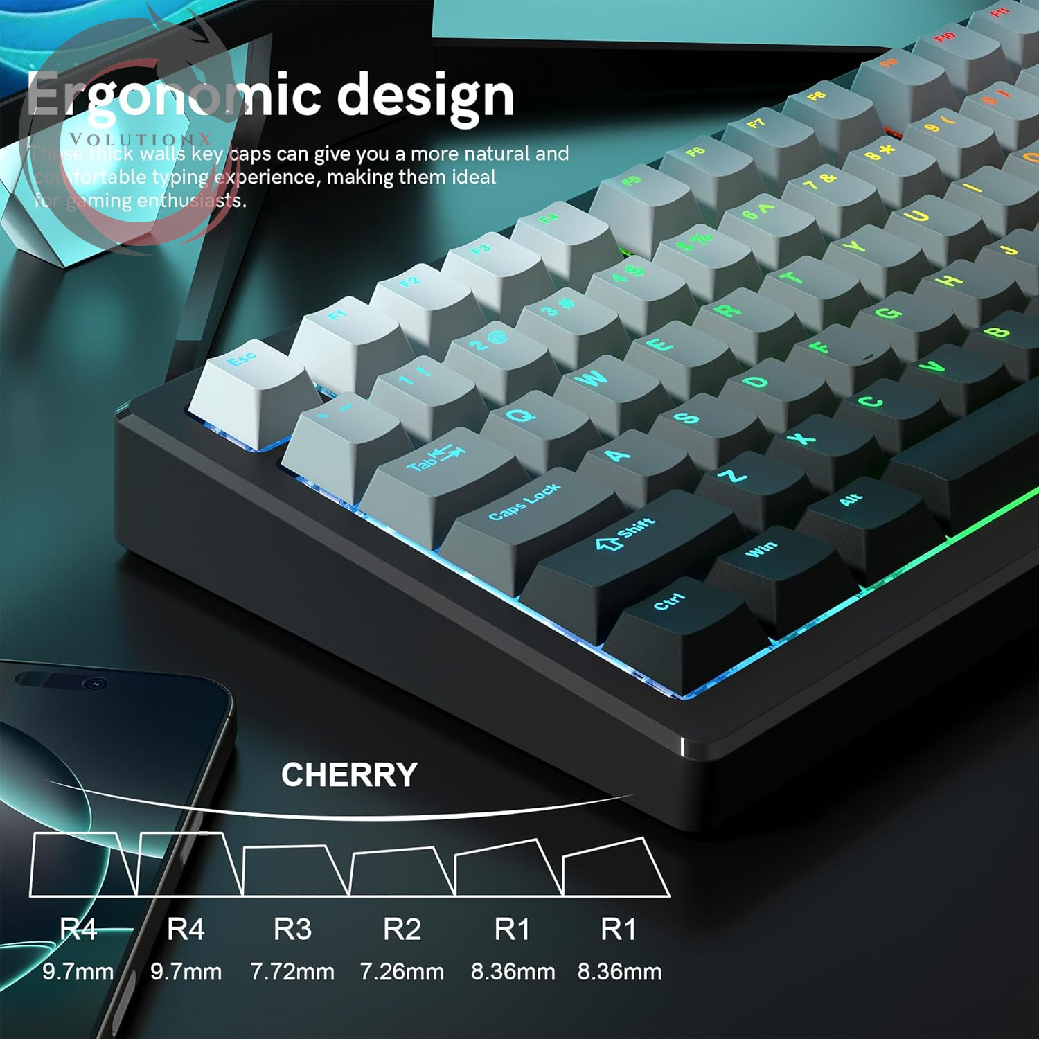 PBT Key Caps, Double Shot Shine through Custom Keycaps, Gradient Keycaps Cherry Profile, Minimalist Style Keyboard Keycap for Mechanical Keyboard (Grey)