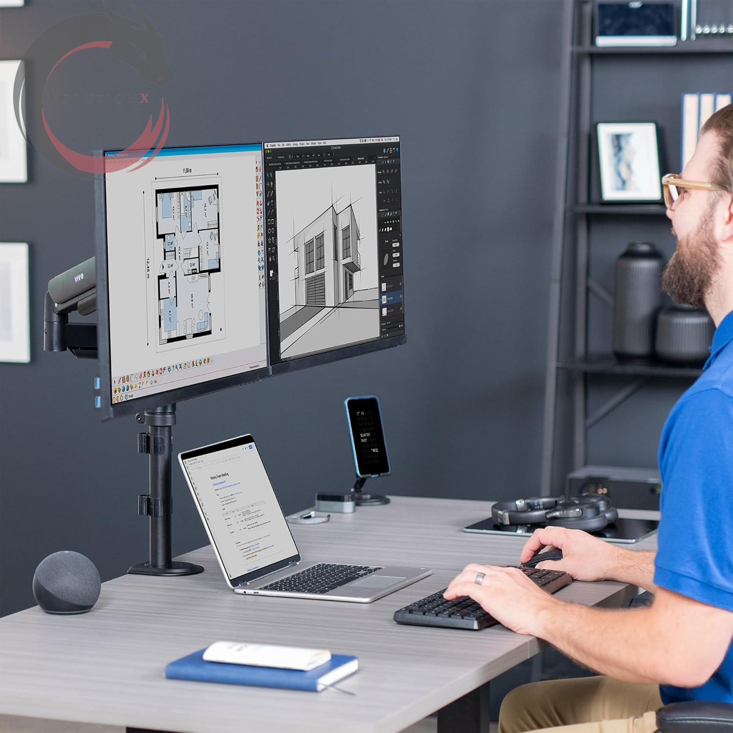 17 to 32 Inch Dual Pneumatic Monitor Mount, 2 Pneumatic Arms, Adjustable Swivel, Rotation, Heavy Duty VESA Desk Stand with C-Clamp, Grommet, Max VESA 100X100, Black, STAND-V002K