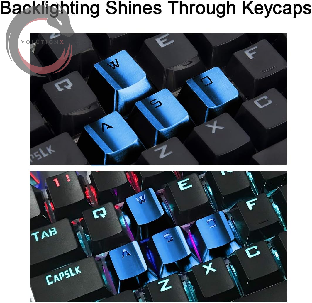 FPS & MOBA Gaming Keycaps, Stainless Steel Metal Keycaps with Key Puller for Mechanical Keyboard Cherry Mx Switch 9 (Wasd,Blue)