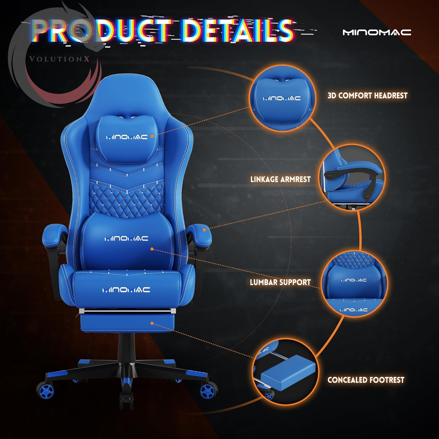 Gamtimer Gaming Chair, 400 Lbs Adult Chair, High Back Computer Chair with Footrest and Linked Armrests, Office Video Game Chair with Lumbar Support (Blue)