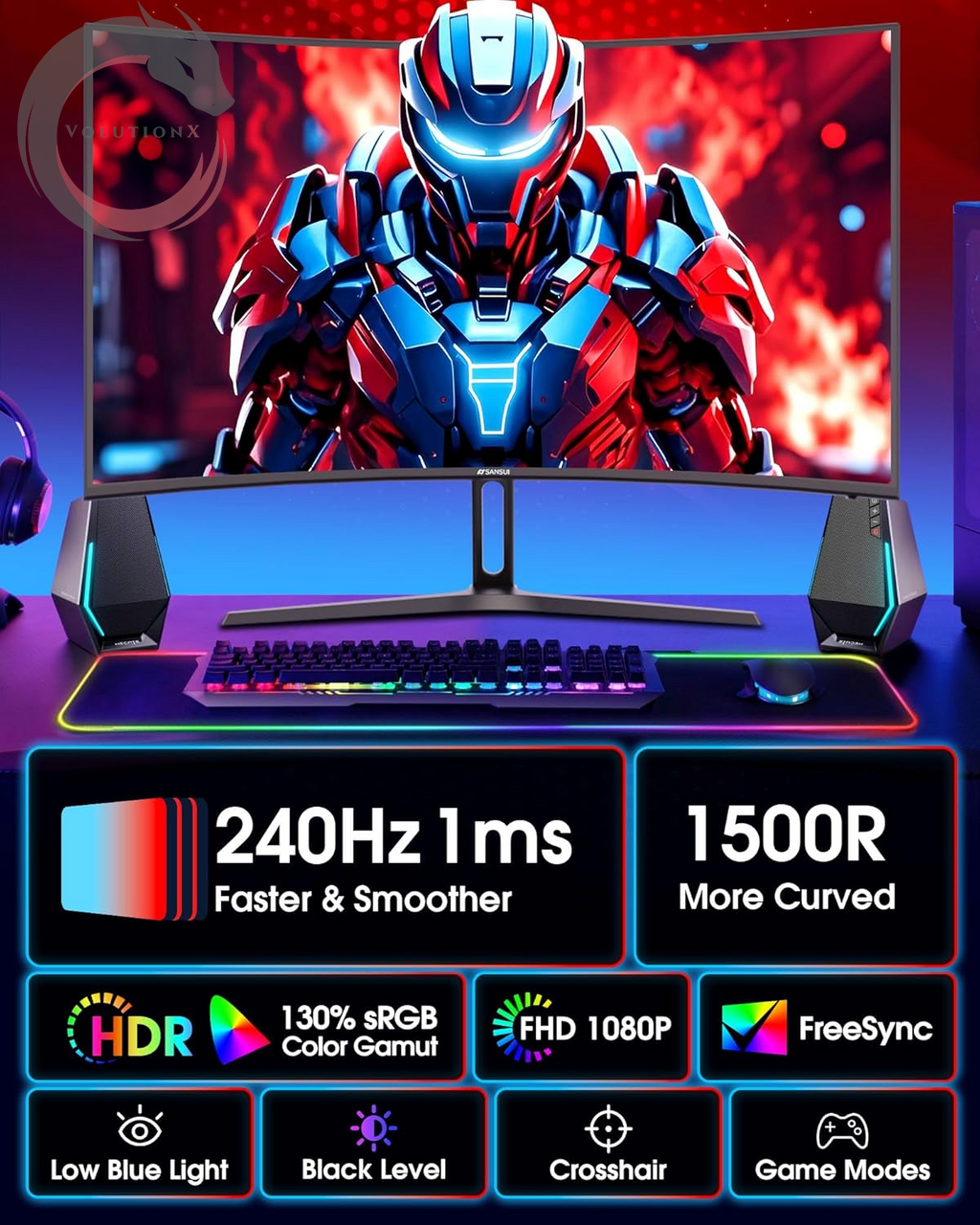 27 Inch Curved 240Hz Gaming Monitor FHD 1080P, 1500R Curve Computer Monitor, 130% Srgb, 4000:1 Contrast, HDR, Freesync, MPRT 1Ms, Low Blue Light, HDMI DP Ports, Metal Stand, DP Cable Incl.