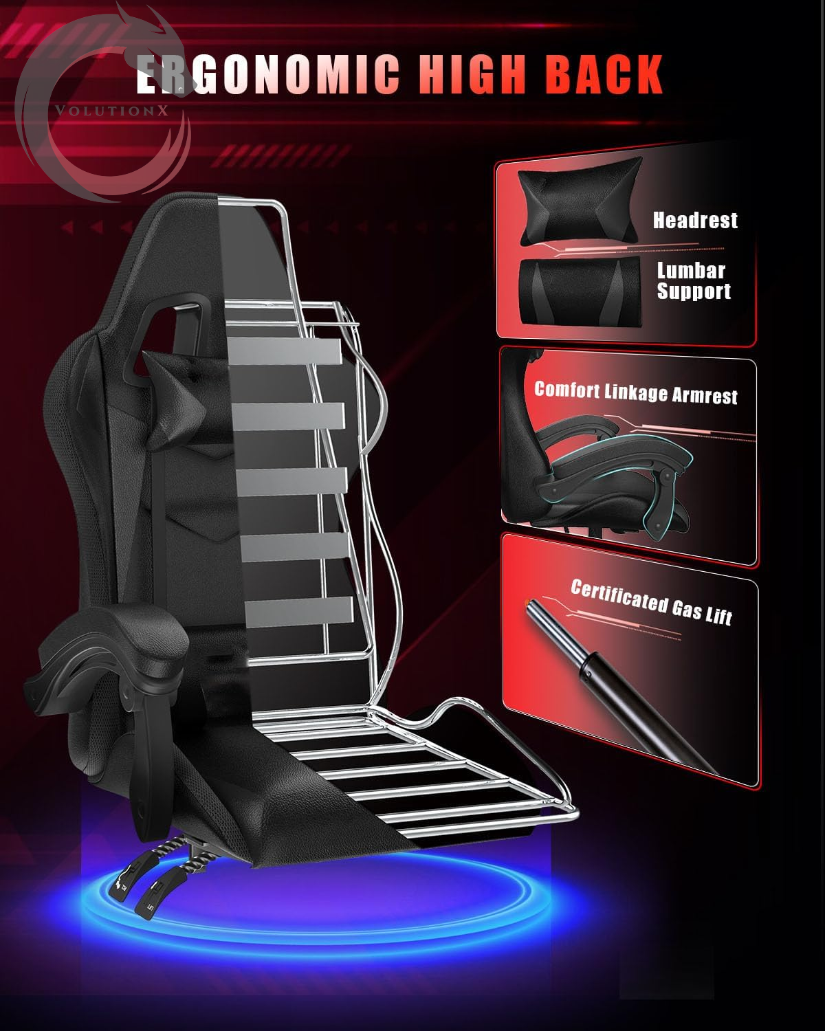 Gaming Chair with RGB LED Lights, High Back Ergonomic Computer Gamer Chair with Headrest and Lumbar Support, Racing Style Reclining Game Chair for Adults, Kids (Black)